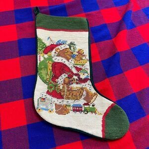 Teddy Bear Santa Vintage Needlepoint Stocking